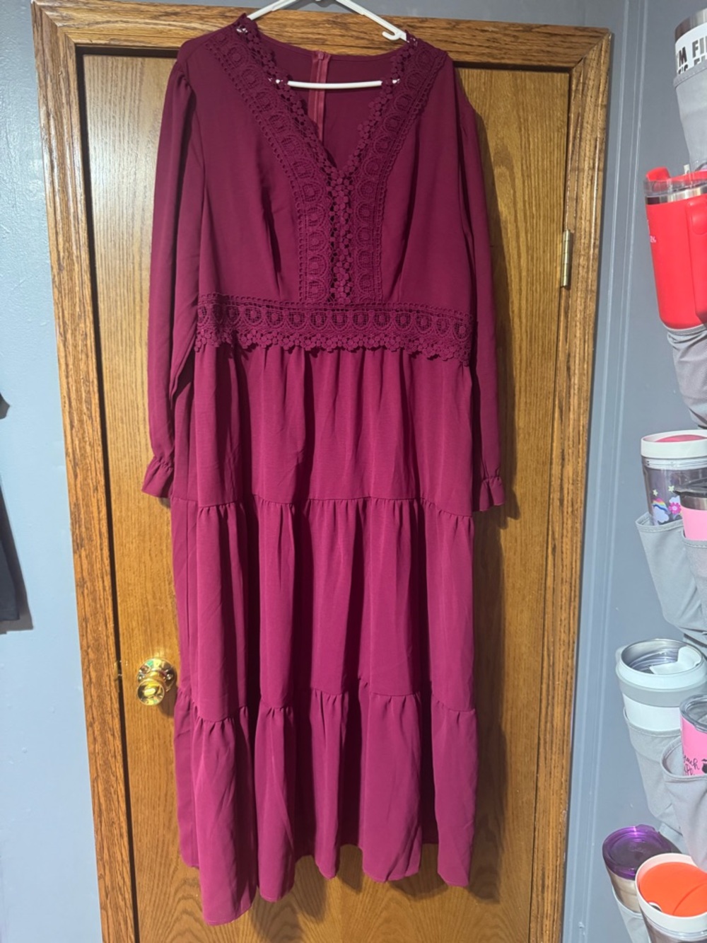 SHEIN Burgundy Lace-Trim Tiered Maxi Dress